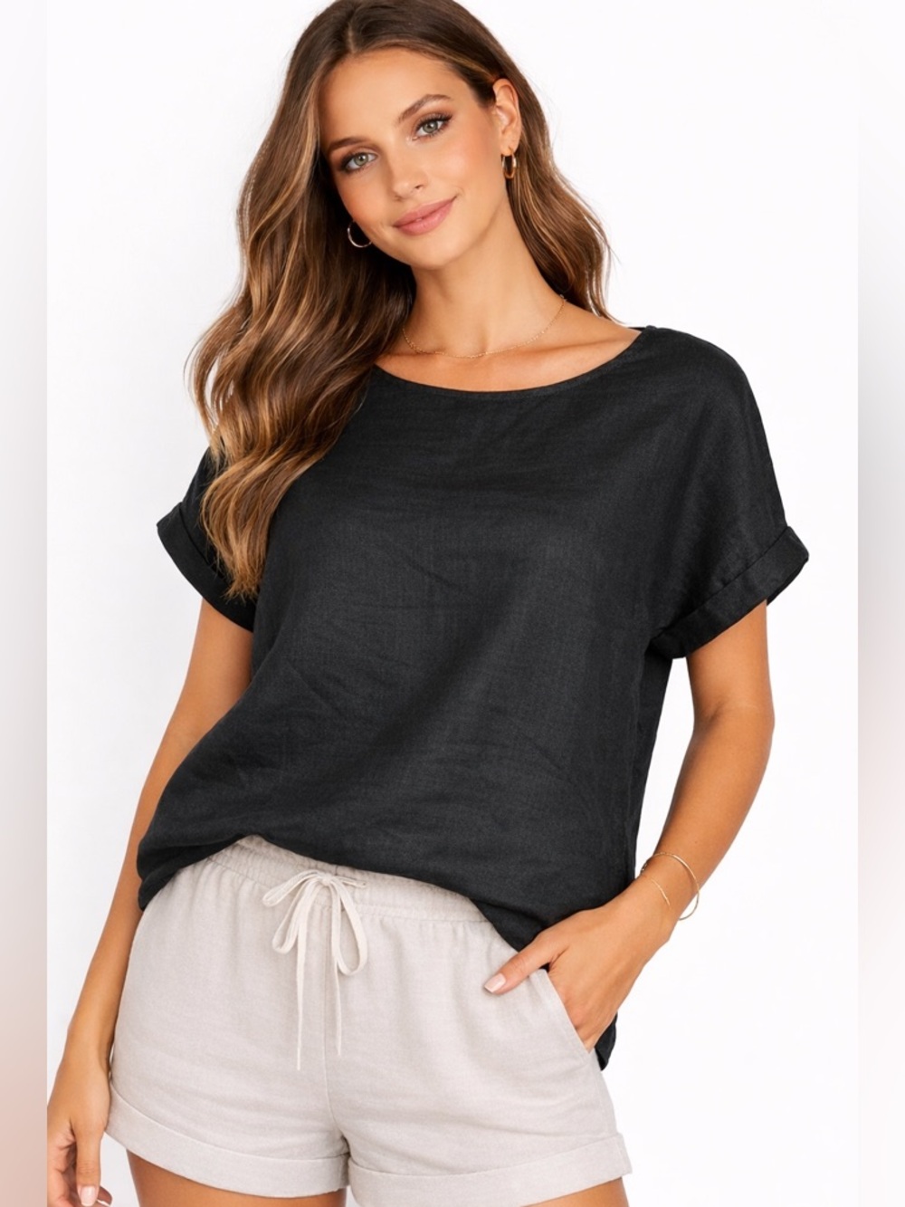 Rachel Zoe Black Linen Top Button Back Lightweight Boho Chic Summer Capsule M